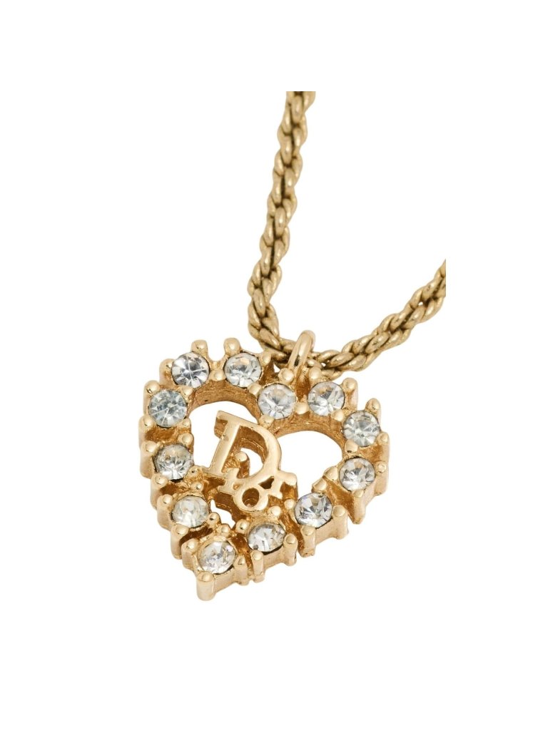 Christian Dior Vintage Rhinestone Crystal Heart Necklace Gold Plated